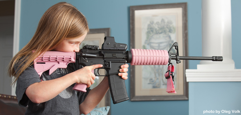 Young girl with AR in home defense scenario