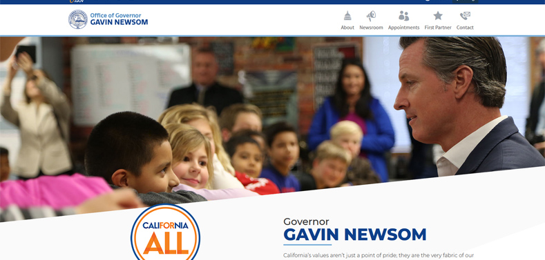 Screen capture of Newsom's official state webpage